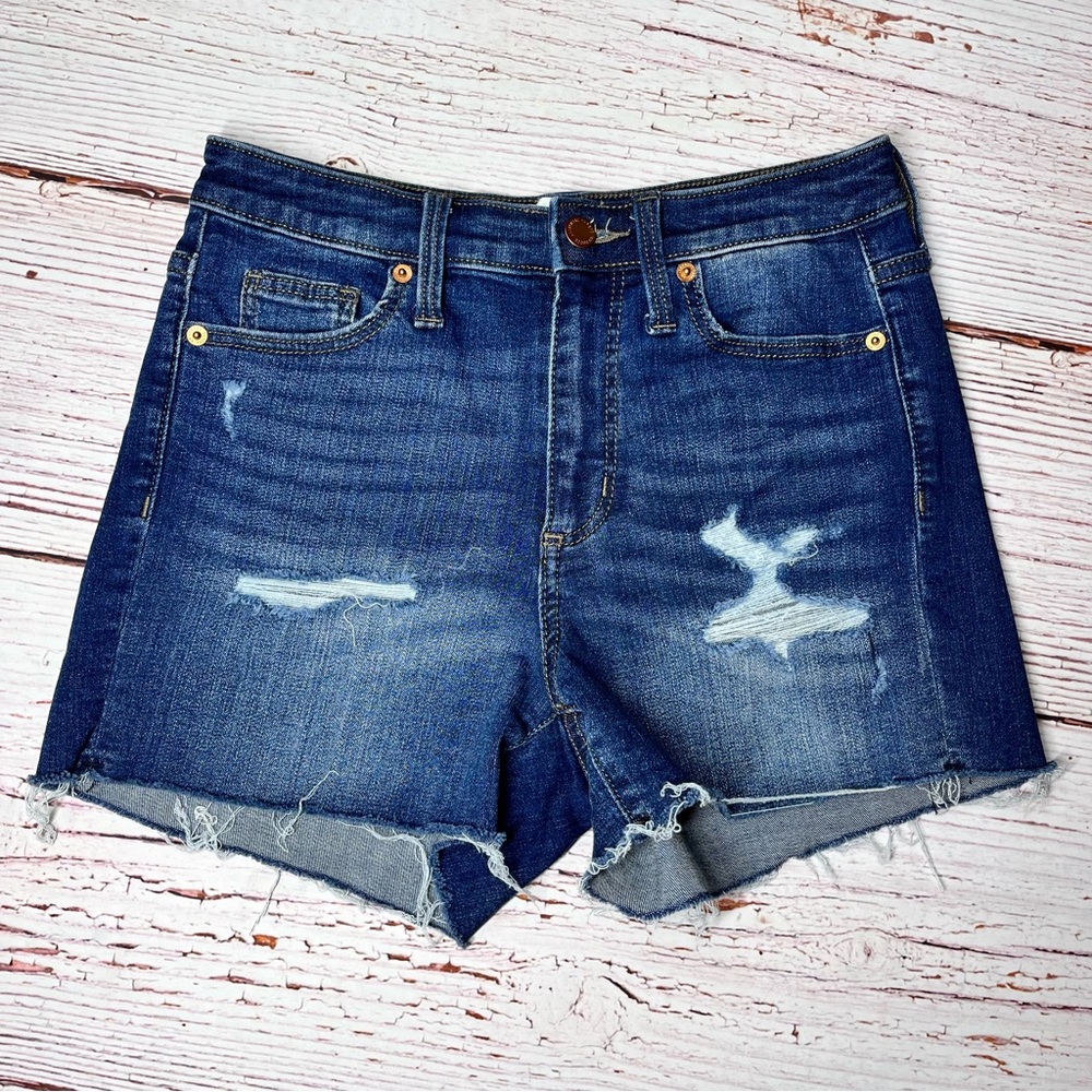 High Rise Distressed Midi Denim Shorts